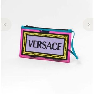 Authentic Versace Pink, Yellow & Turquoise Logo Zip Clutch